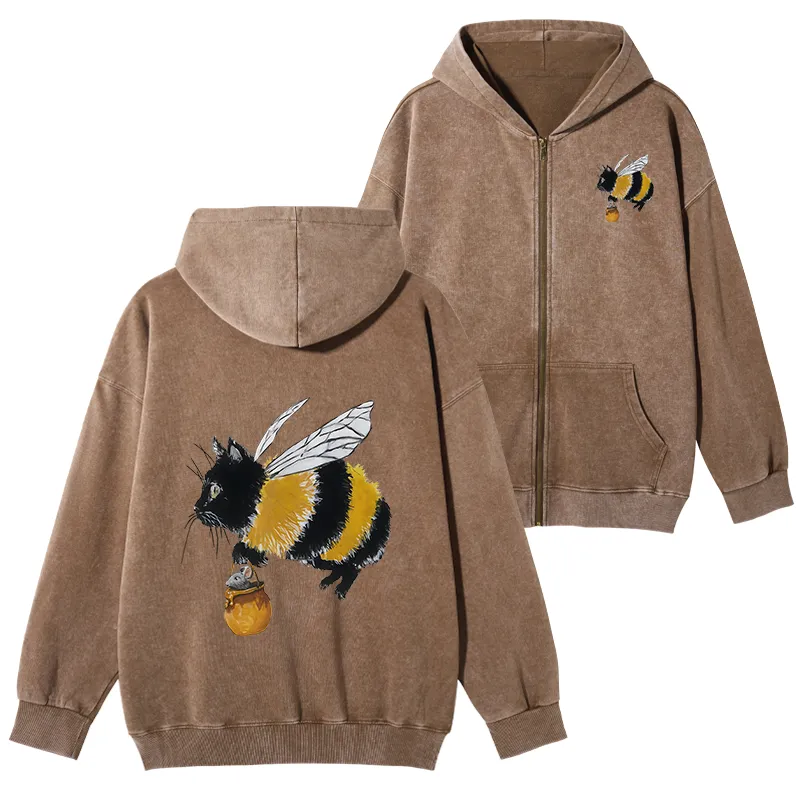 Tokyo-Tiger  Catbee Funny Washed Zip Hoodie