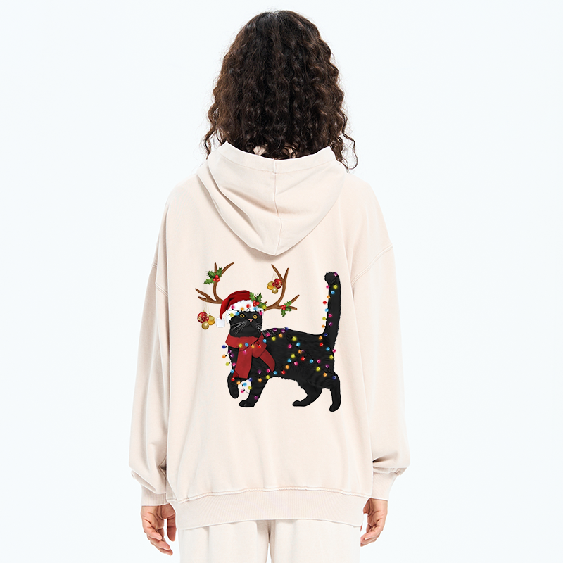 Tokyo-Tiger Christmas Black Cat Washed Zip Hoodie