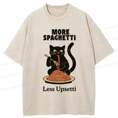 Tokyo-Tiger Black Cat Eating Pasta Washed T-Shirt