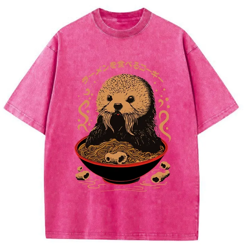 Tokyo-Tiger Otter Eating Ramen Washed T-Shirt