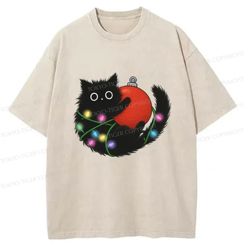 Tokyo-Tiger Black Cat Entangled In Light Strips Washed T-Shirt