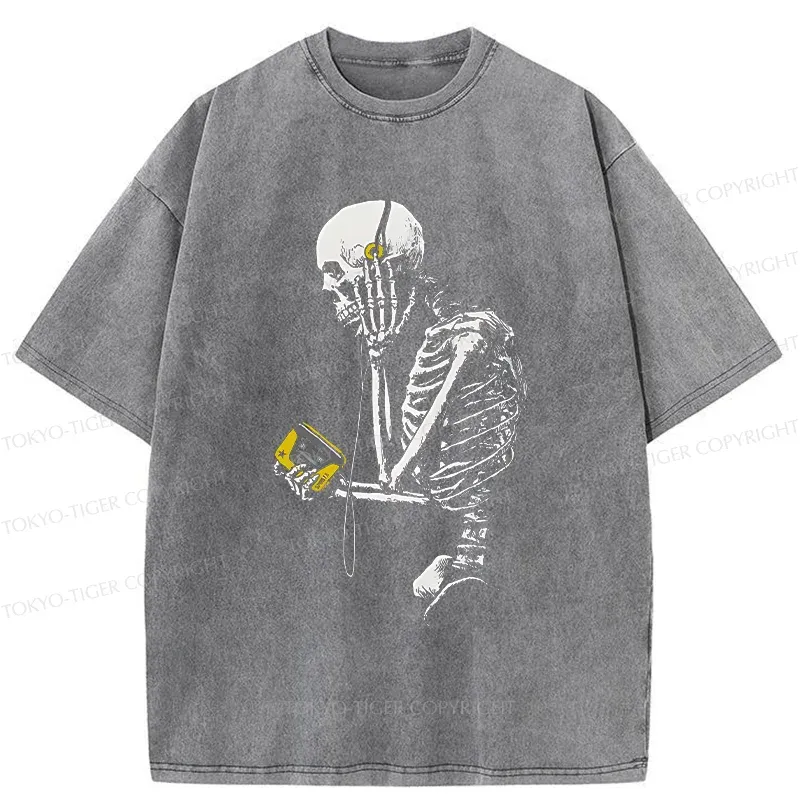 Tokyo-Tiger Skeleton Listening To Music Washed T-Shirt