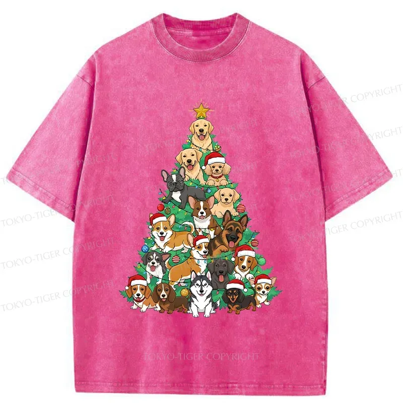 Tokyo-Tiger Christmas Tree Dog Funny Washed T-Shirt