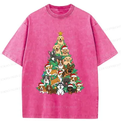 Tokyo-Tiger Christmas Tree Dog Funny Washed T-Shirt