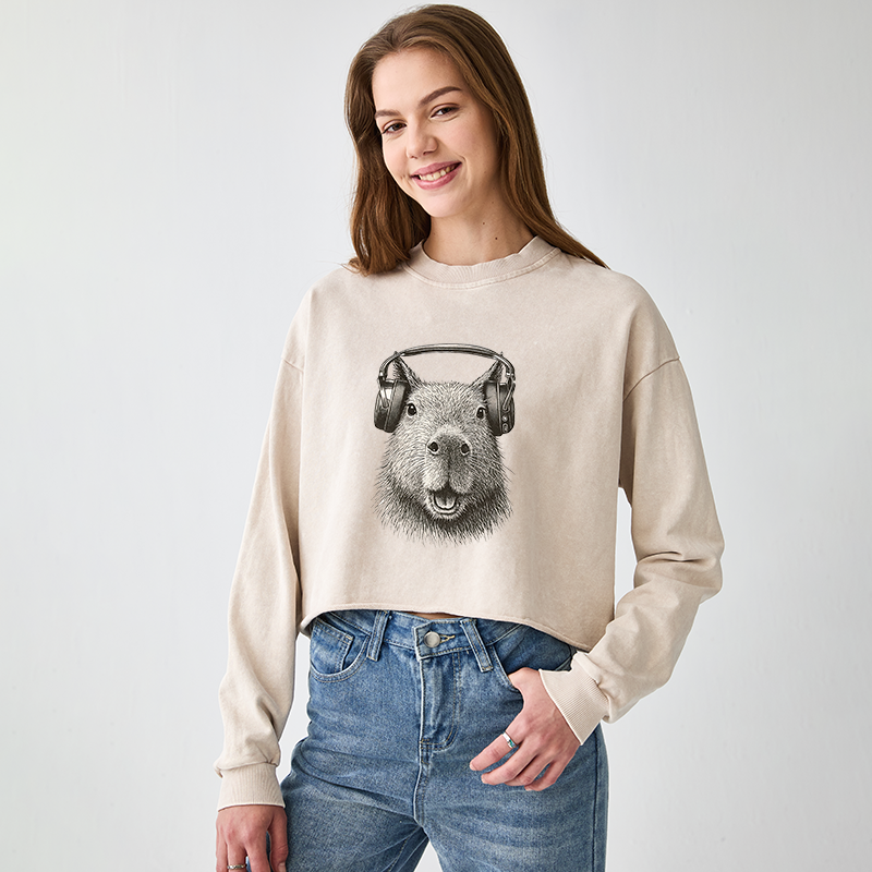 Tokyo-Tiger Capybara Listening To Music Washed Crop Sweatshirt