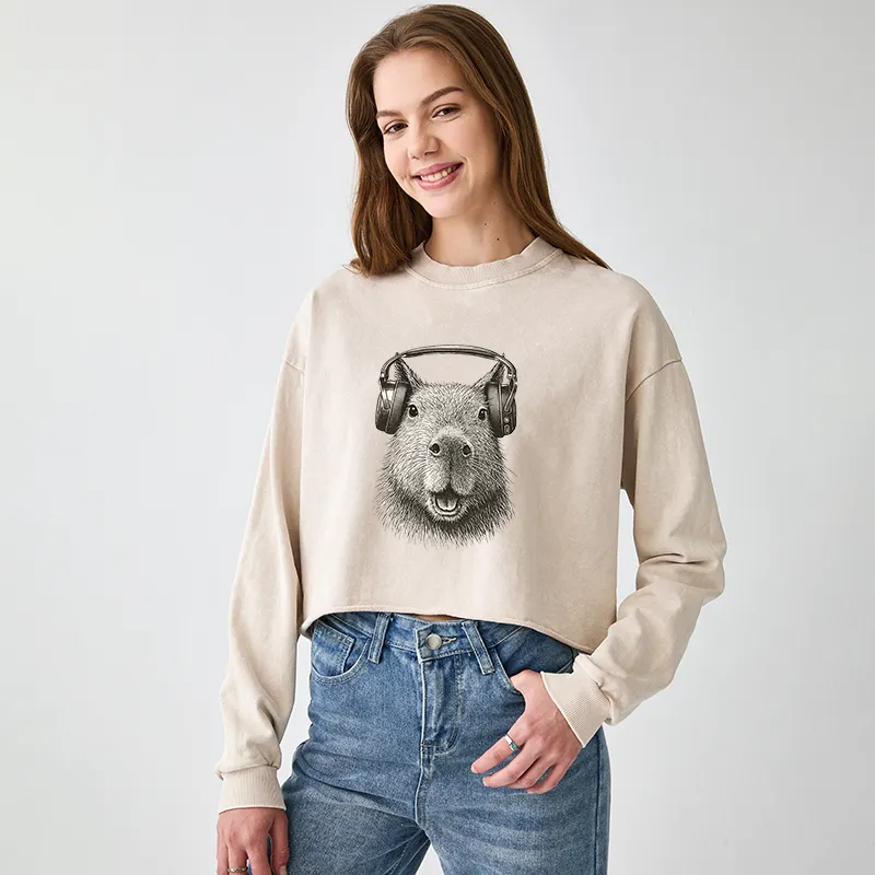 Tokyo-Tiger Capybara Listening To Music Washed Crop Sweatshirt