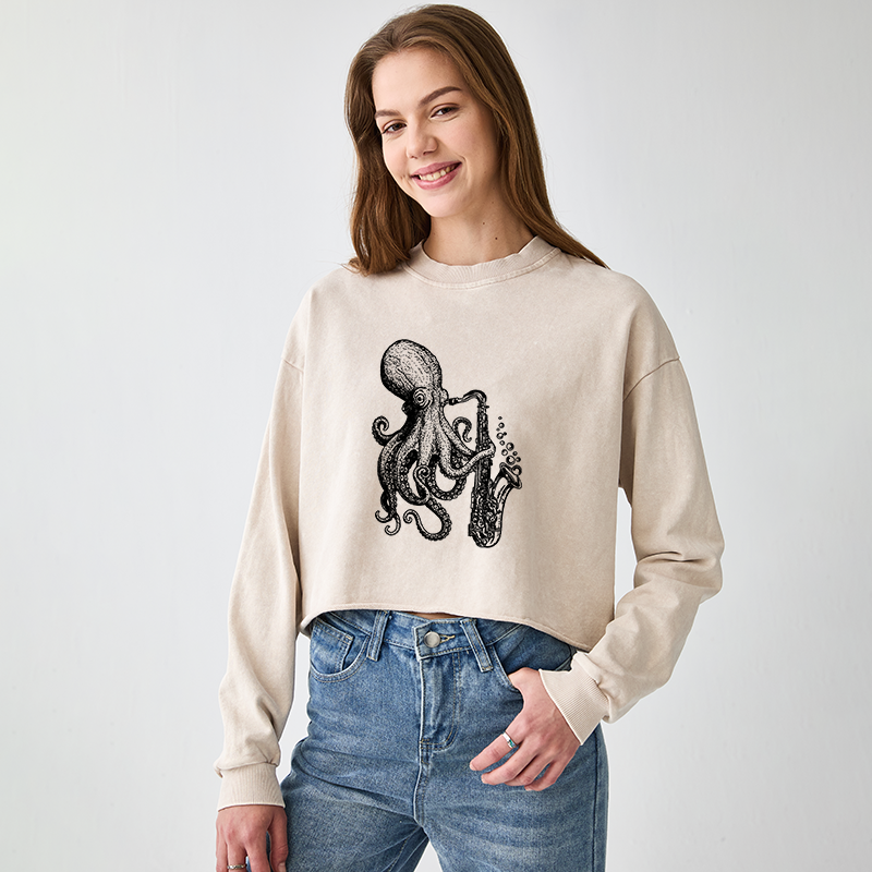 Tokyo-Tiger Octopus Playing Saxophone Washed Crop Sweatshirt