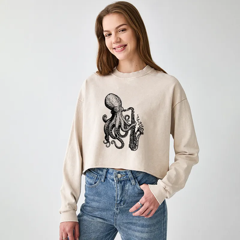 Tokyo-Tiger Octopus Playing Saxophone Washed Crop Sweatshirt