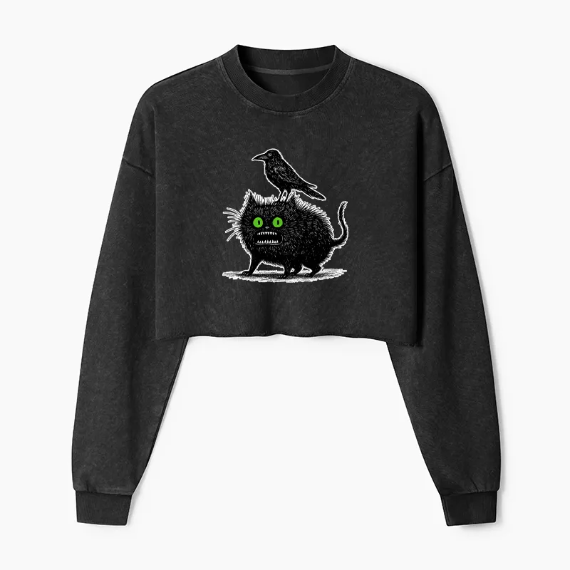Tokyo-Tiger Crow And Black Cat Washed Crop Sweatshirt