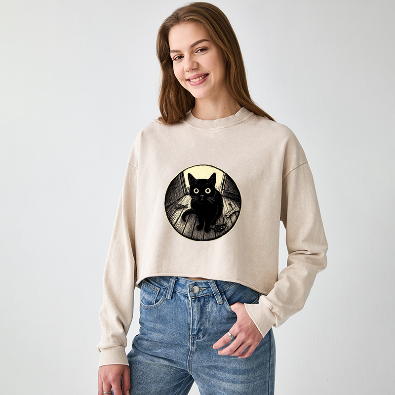 Tokyo-Tiger Waiting Black Cat Washed Crop Sweatshirt