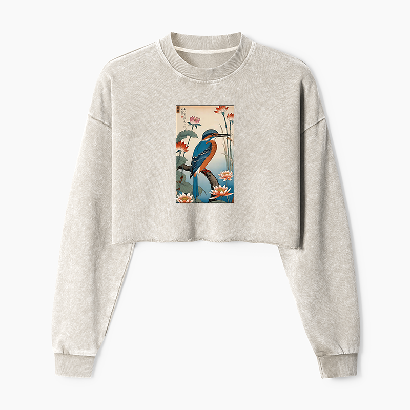 Tokyo-Tiger Ukiyo-e Kingfisher Washed Crop Sweatshirt