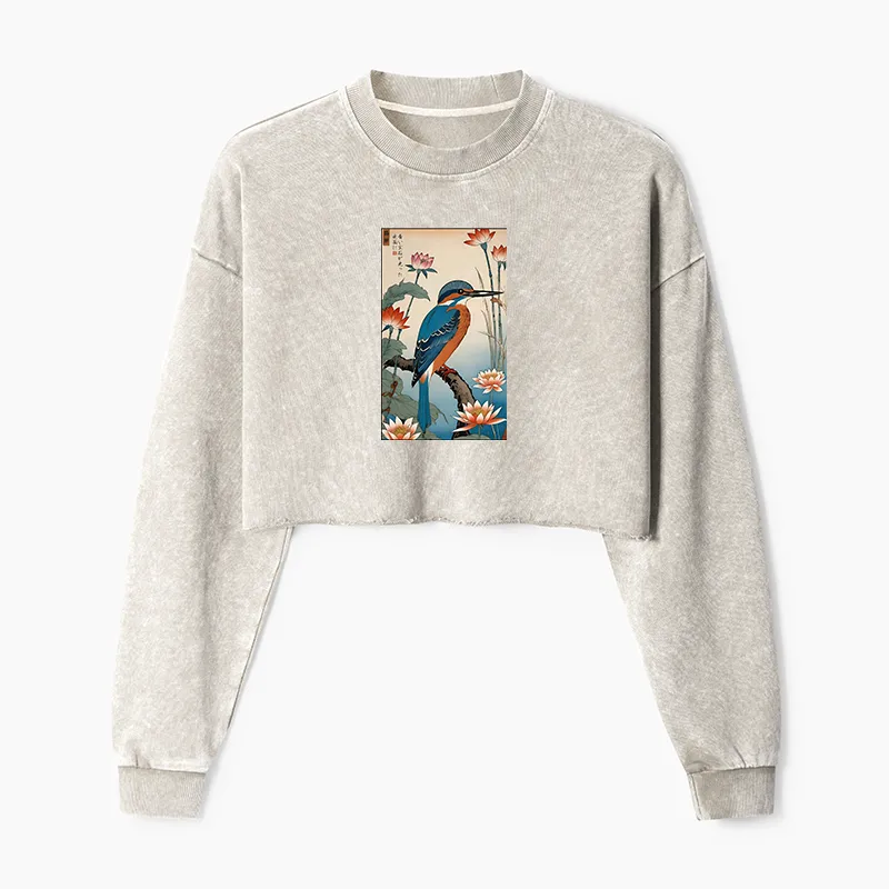 Tokyo-Tiger Ukiyo-e Kingfisher Washed Crop Sweatshirt