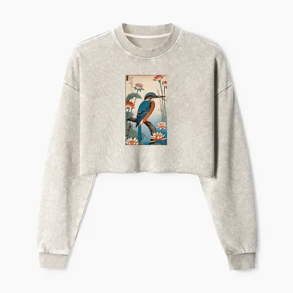 Tokyo-Tiger Ukiyo-e Kingfisher Washed Crop Sweatshirt