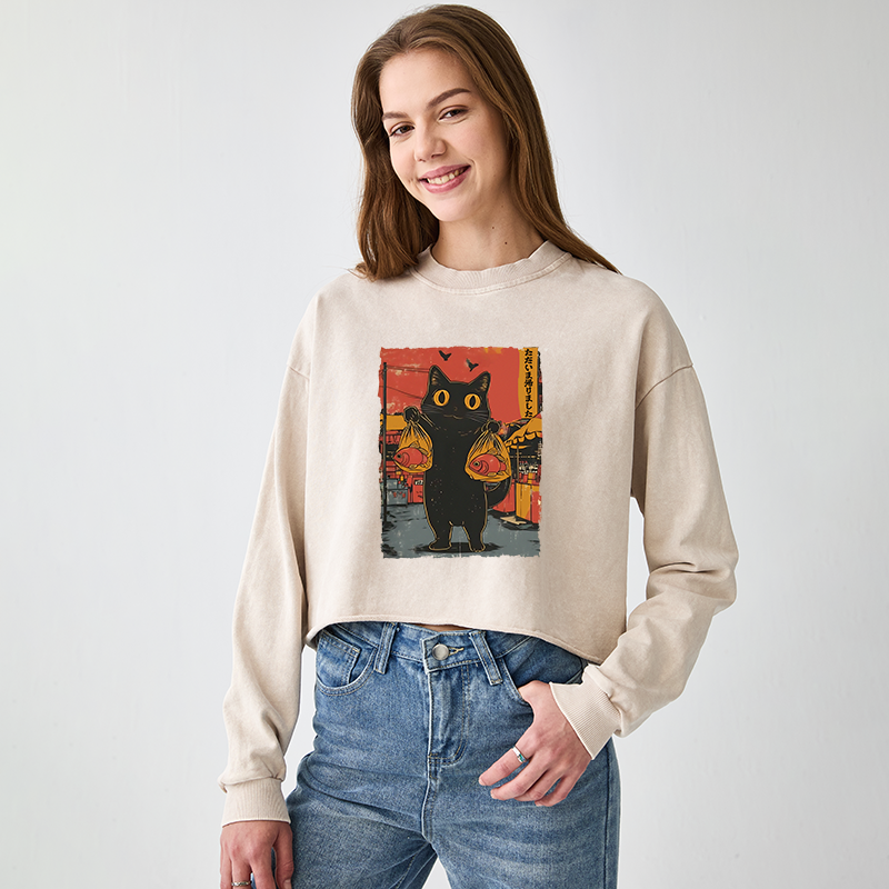 Tokyo-Tiger Cat Fishing Japanese Washed Crop Sweatshirt