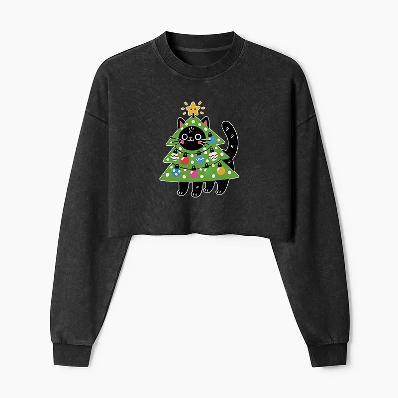 Tokyo-Tiger Christmas Tree Cat Washed Crop Sweatshirt