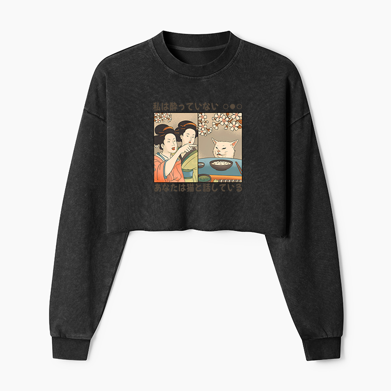 Tokyo-Tiger Japanese Woman Shouting at a Cat Washed Crop Sweatshirt