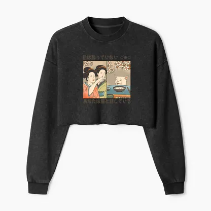 Tokyo-Tiger Japanese Woman Shouting at a Cat Washed Crop Sweatshirt