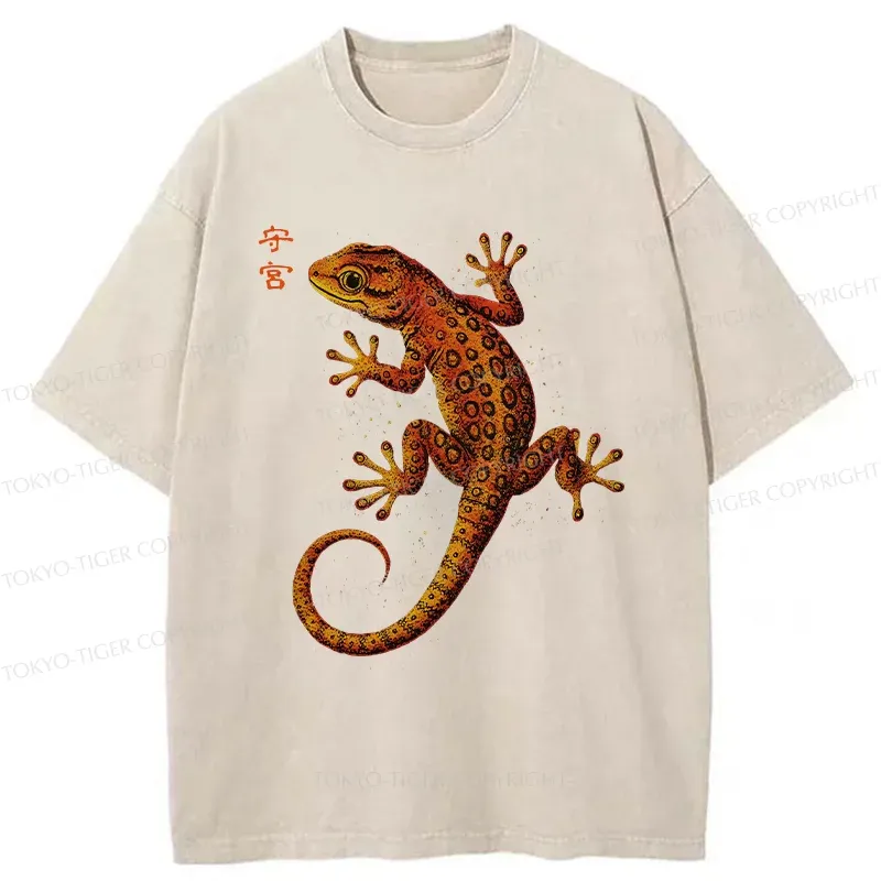 Tokyo-Tiger Retro Gecko Funny Washed T-Shirt
