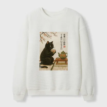 Tokyo-Tiger Tea Time With A Black Cat Waffle Sweatshirt