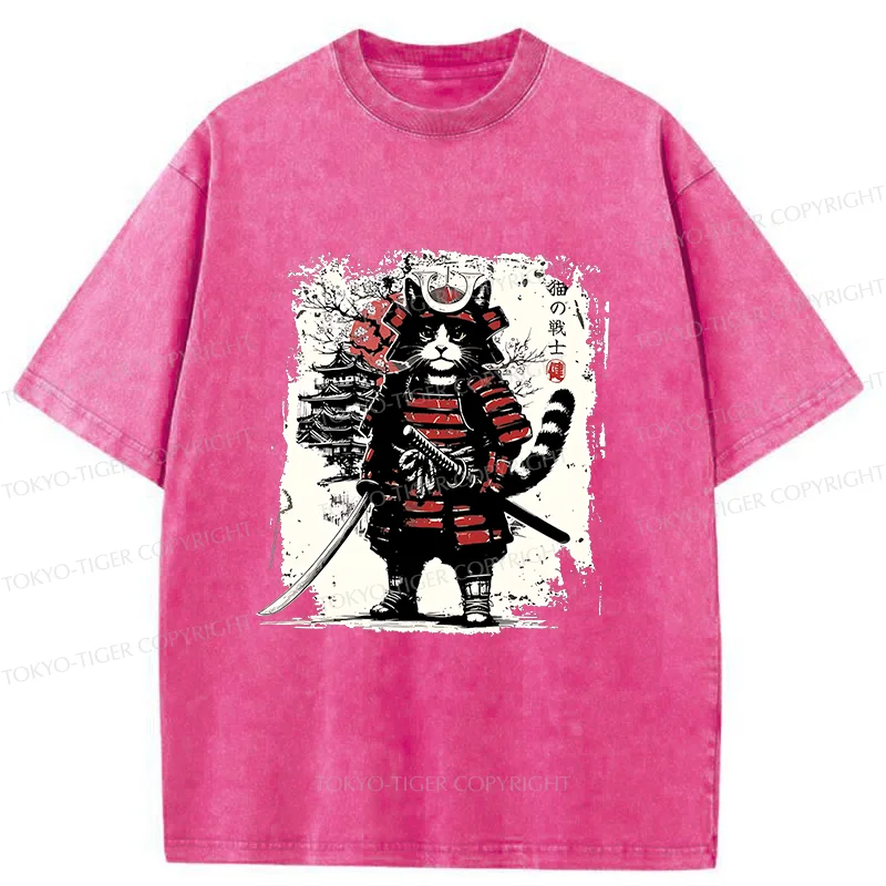 Tokyo-Tiger Retro Cat Japanese Samurai Washed T-Shirt