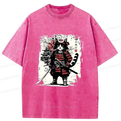 Tokyo-Tiger Retro Cat Japanese Samurai Washed T-Shirt