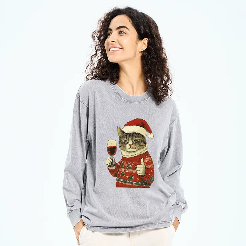 Tokyo-Tiger Christmas Cat Likes Washed Long Sleeve T-Shirt