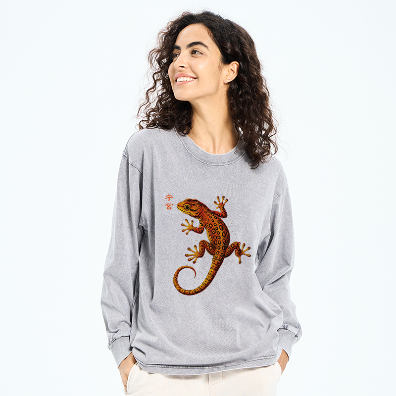 Tokyo-Tiger Retro Gecko Funny Washed Long Sleeve T-Shirt