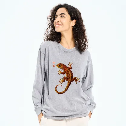 Tokyo-Tiger Retro Gecko Funny Washed Long Sleeve T-Shirt