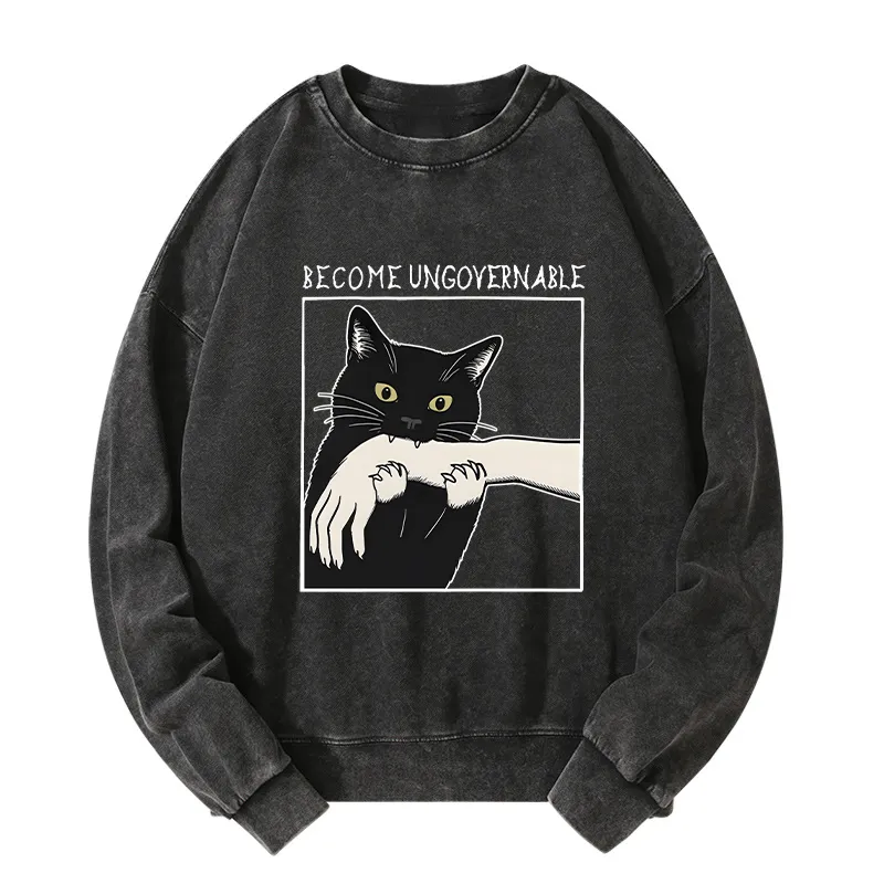 Tokyo-Tiger Black Cat Biting Washed Sweatshirt
