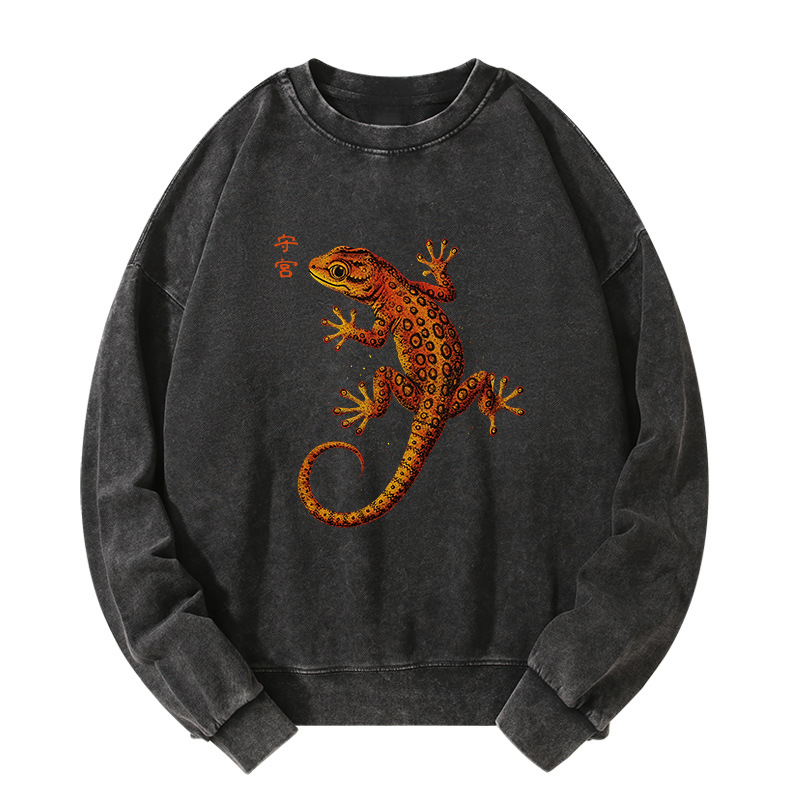 Tokyo-Tiger Retro Gecko Funny Washed Sweatshirt