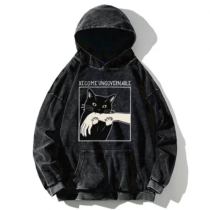 Tokyo-Tiger Black Cat Biting Washed Hoodie