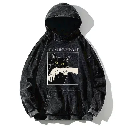 Tokyo-Tiger Black Cat Biting Washed Hoodie