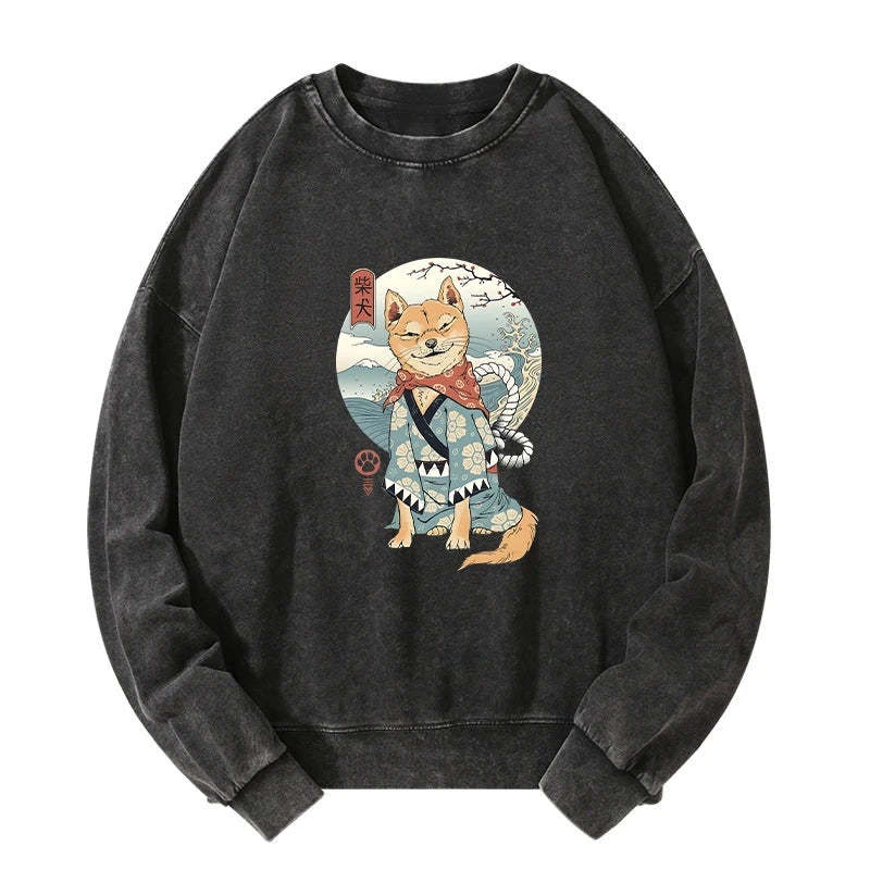 Tokyo-Tiger Samurai Shiba Dog Japanese Washed Sweatshirt