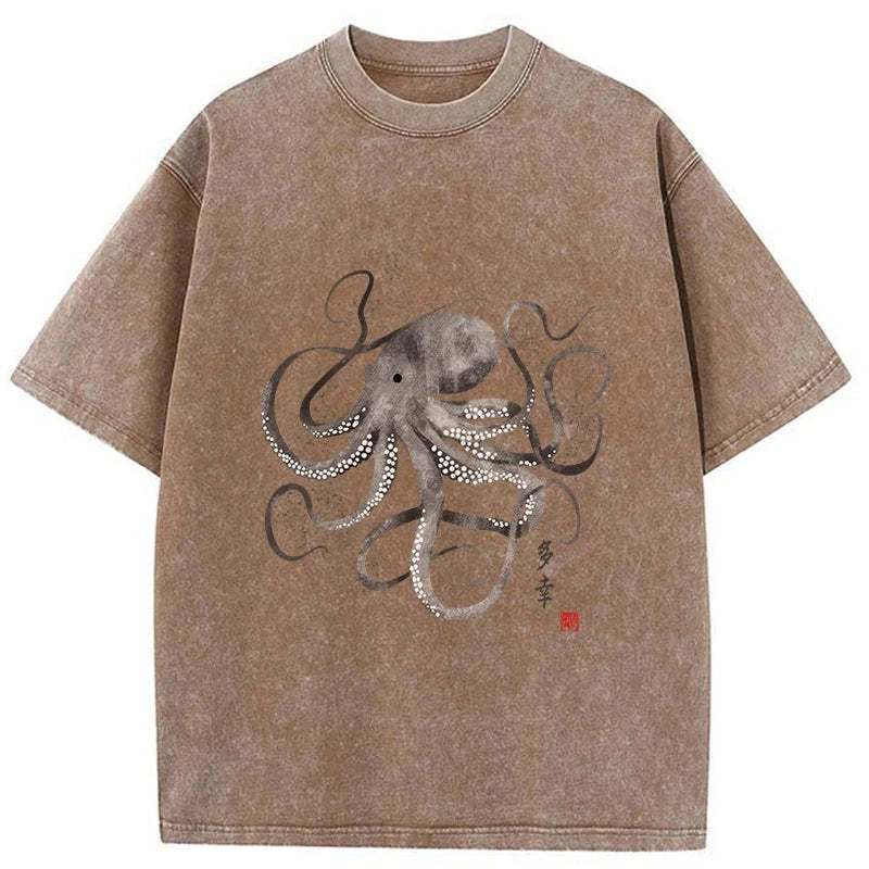 Tokyo-Tiger Octopus Japanese Calligraphy Washed T-Shirt
