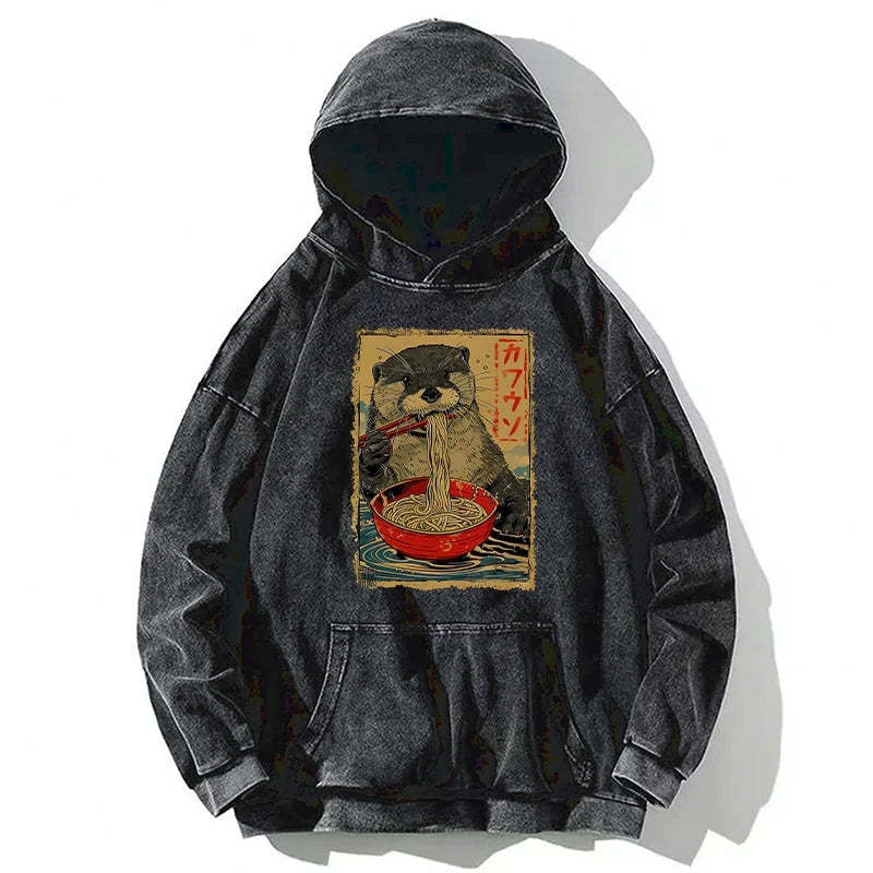 Tokyo-Tiger Otter Eating Ramen Japan Washed Hoodie Sale