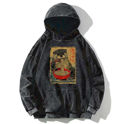 Tokyo-Tiger Otter Eating Ramen Japan Washed Hoodie