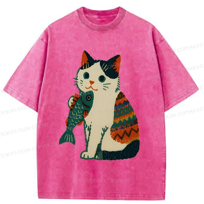 Tokyo-Tiger Retro Kitten Catching Fish Washed T-Shirt Sale