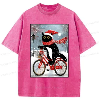 Tokyo-Tiger Black Cat Riding A Bicycle Washed T-Shirt
