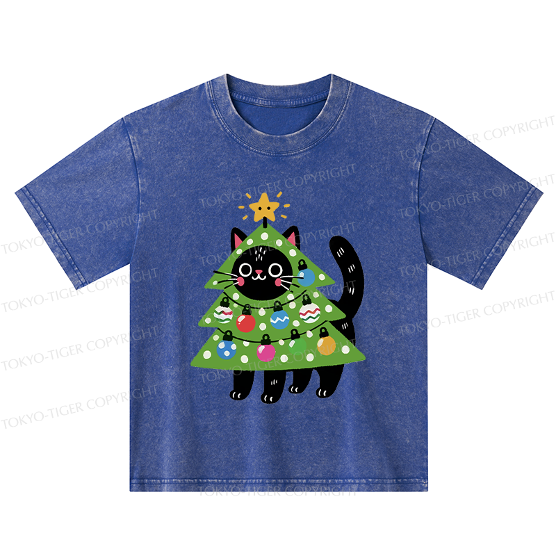 Tokyo-Tiger Christmas Tree Cat Kids Washed T-Shirt