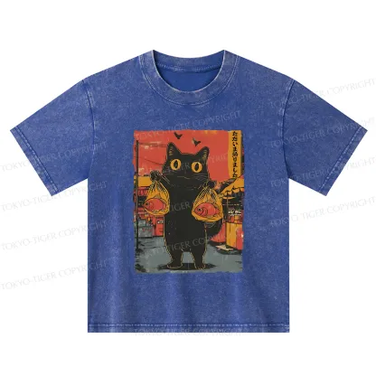 Tokyo-Tiger Cat Fishing Japanese Kids Washed T-Shirt
