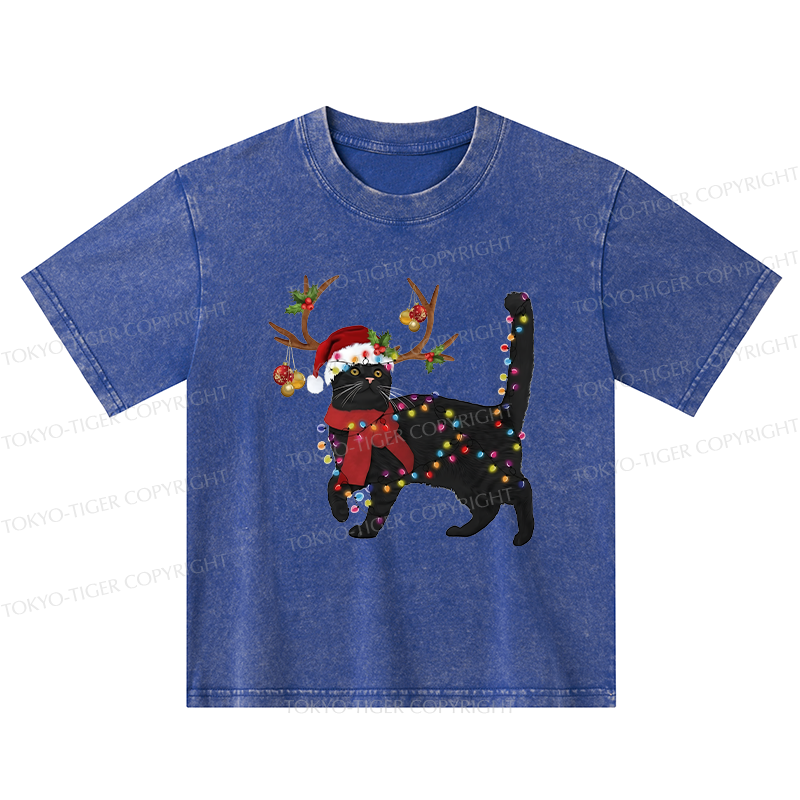 Tokyo-Tiger Christmas Black Cat Kids Washed T-Shirt