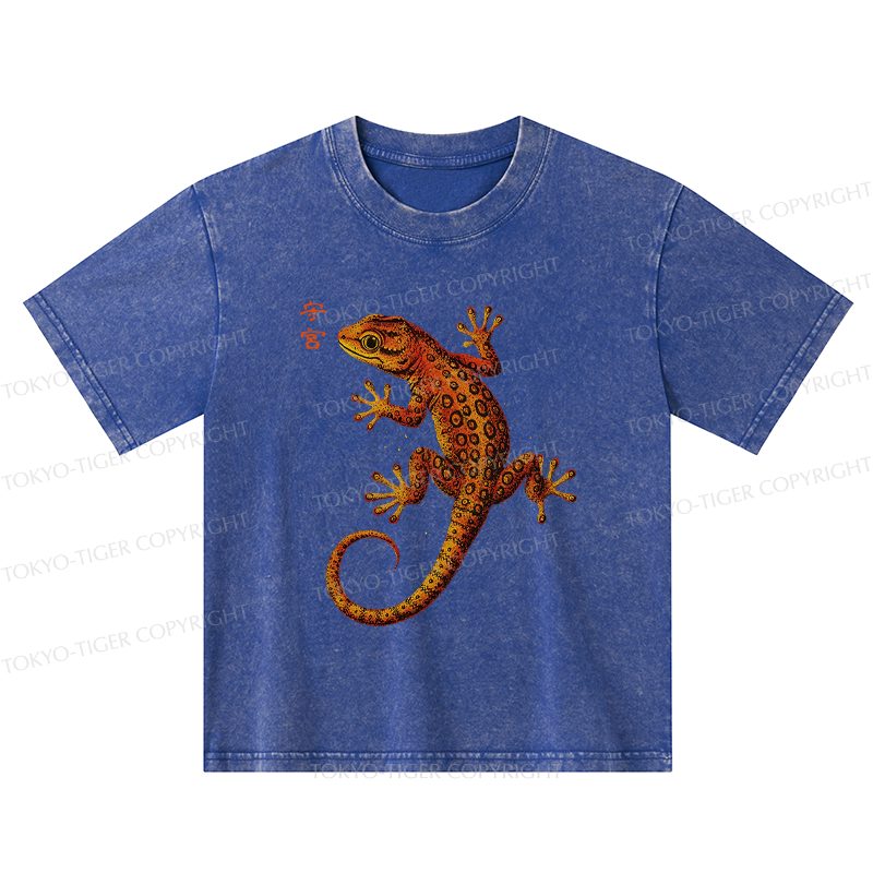 Tokyo-Tiger Retro Gecko Funny Kids Washed T-Shirt