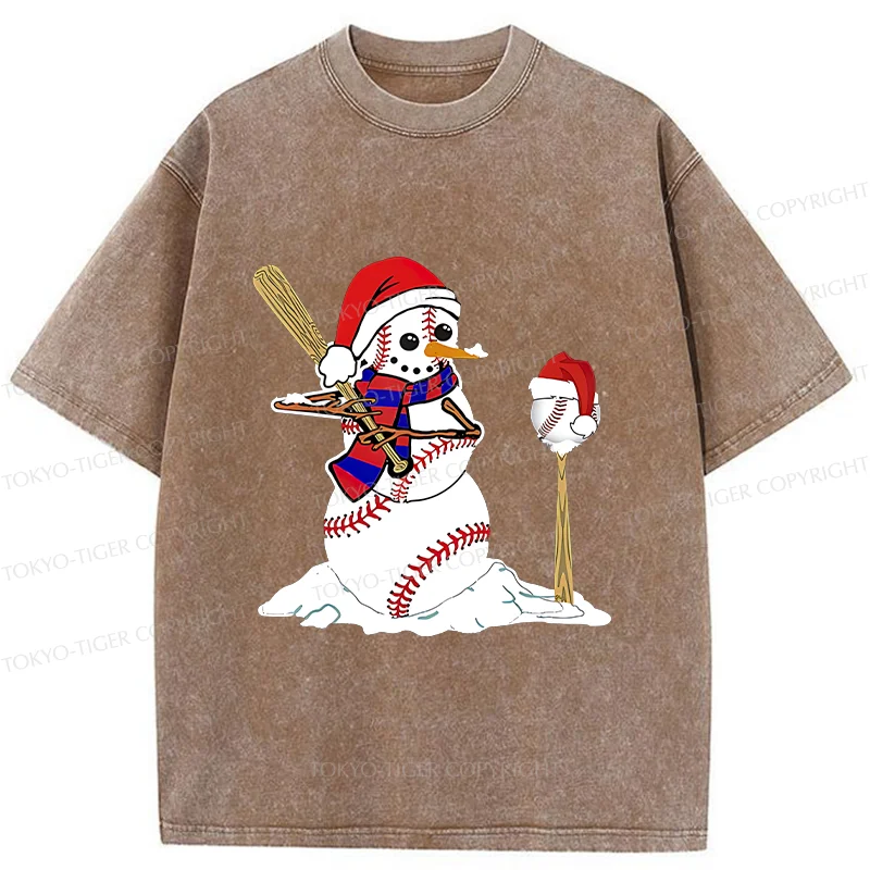 Tokyo-Tiger Snowman Playing Baseball Washed T-Shirt