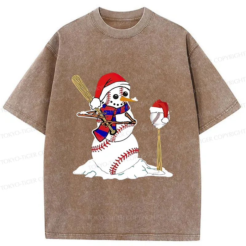 Tokyo-Tiger Snowman Playing Baseball Washed T-Shirt