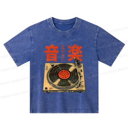 Tokyo-Tiger Retro Music Record Player Kids Washed T-Shirt