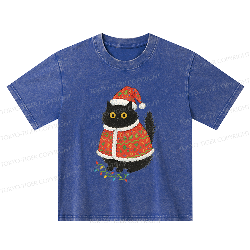Tokyo-Tiger Cat Wearing Santa Hat Kids Washed T-Shirt