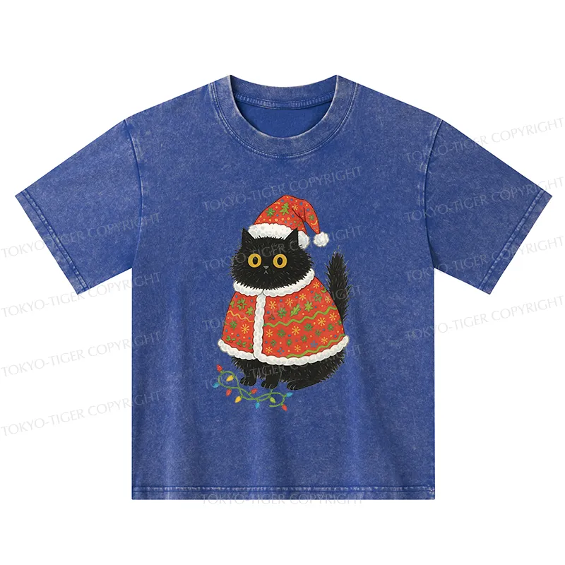 Tokyo-Tiger Cat Wearing Santa Hat Kids Washed T-Shirt