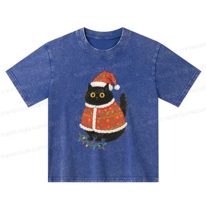 Tokyo-Tiger Cat Wearing Santa Hat Kids Washed T-Shirt
