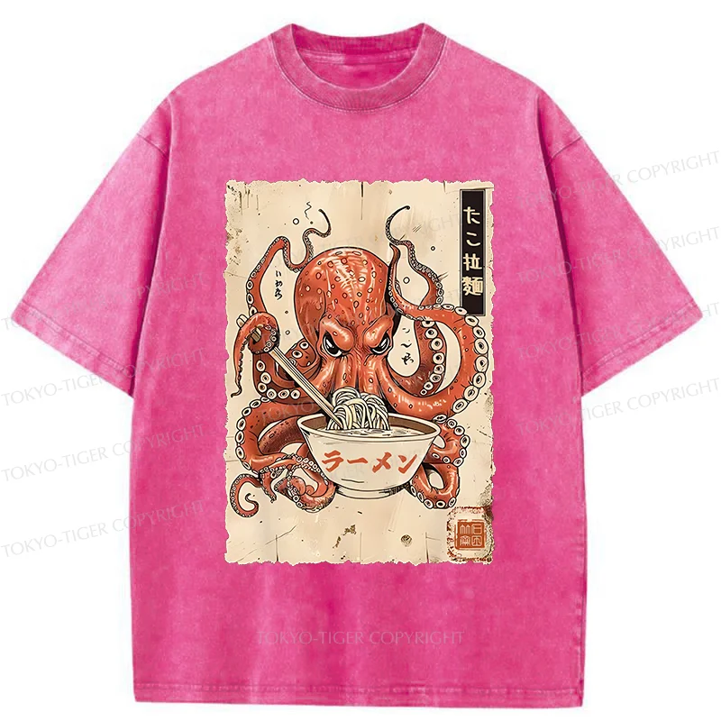 Tokyo-Tiger Retro Octopus Eating Ramen Washed T-Shirt