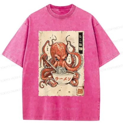 Tokyo-Tiger Retro Octopus Eating Ramen Washed T-Shirt